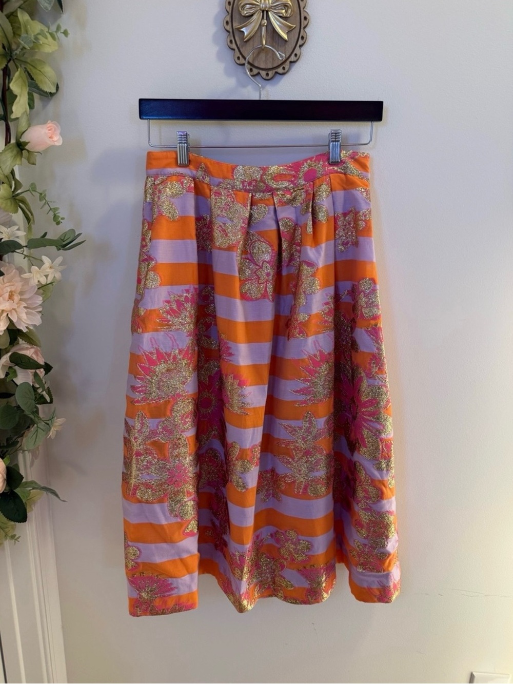 Lilly Pulitzer Lauderdale Midi Skirt Papaya Metallic Floral Stripe NWT Size 4